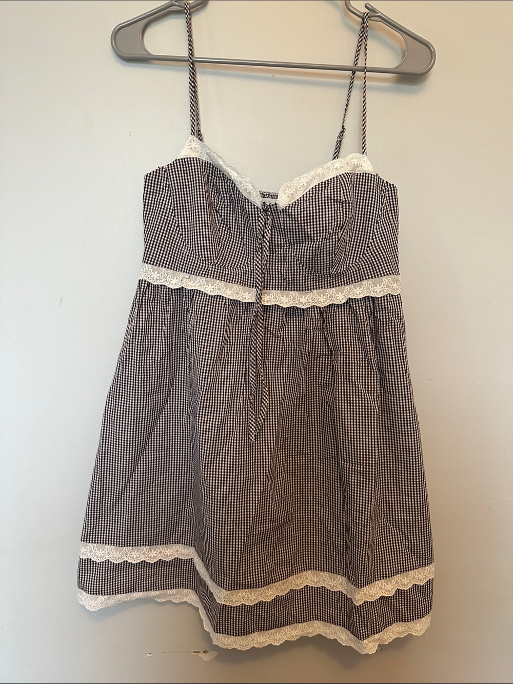 Women’s Brown & White Gingham Lace-Trim Dress w/ Adjustable Straps Medium